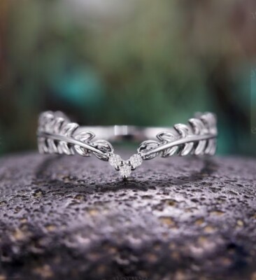 Leafy Wishbone Pattern Round Lab Grown Diamond Pretty 10K White Gold Bridal Band