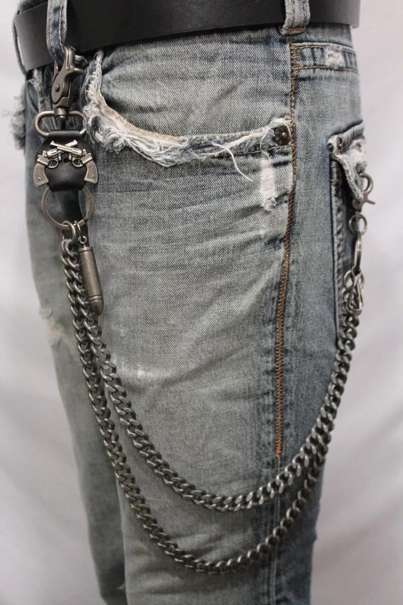 Men Antique Silver Metal Wallet Chain Key Chain Leather Guns Bullets Skull  Jeans