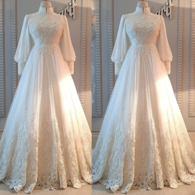 Muslim Wedding Dresses Long Sleeves High Neck Beaded Lace Appliques Bridal  Gown | eBay