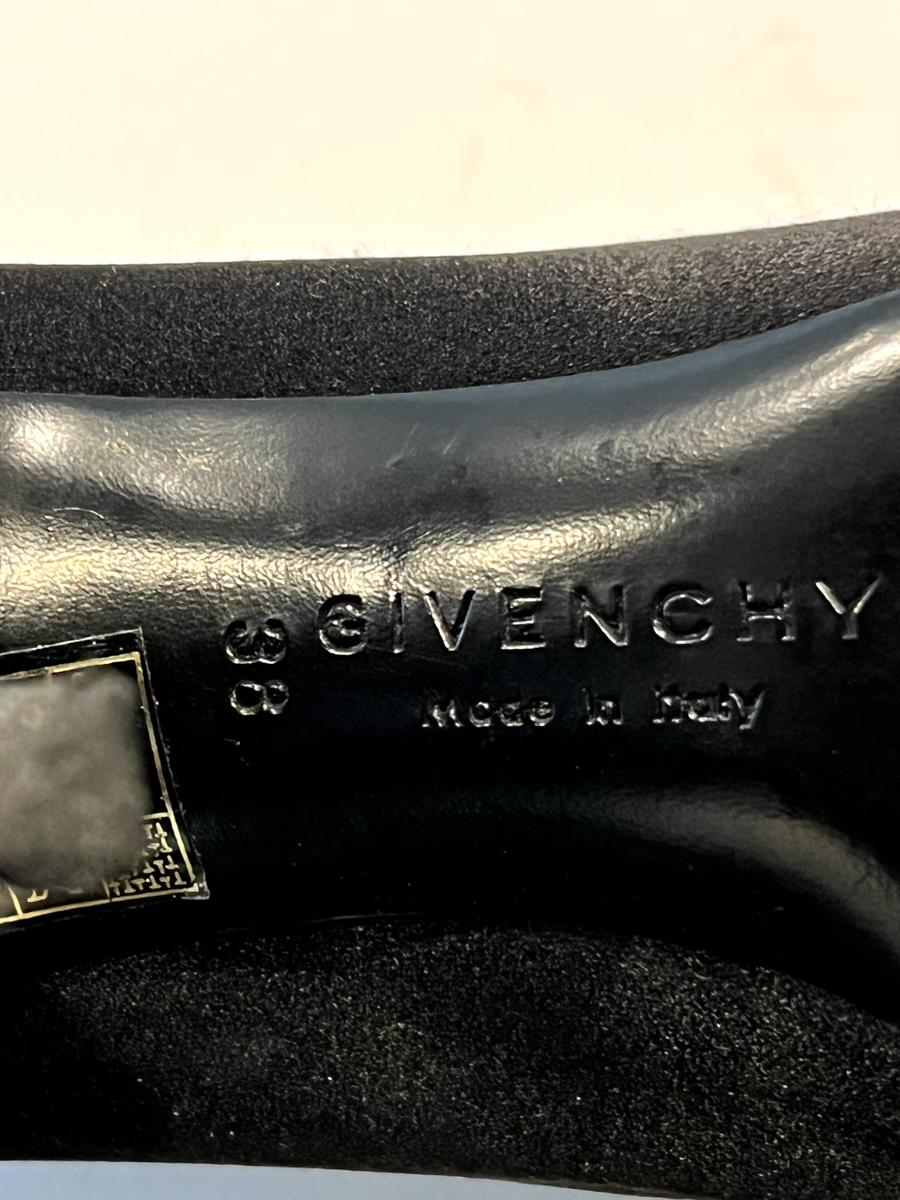GIVENCHY Italy Black Satin & Leather, Gold Logo Heels Pumps GIVENCHY Italy Black Satin & Leather, Gold Logo Heels Pumps
