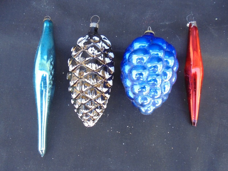 4 Vintage Mercury Glass Feather Tree Ornaments Black & Blue Pinecones, Teardrops