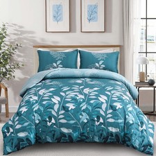 DJY Teal Botanical Comforter Set King, 3 Pieces Blue Leaves Comforter for King S
