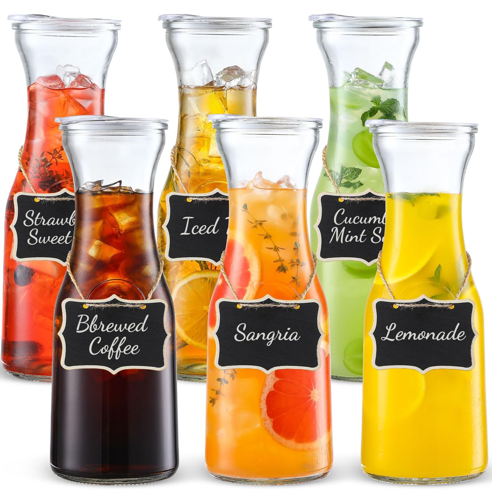 Set of 6 Glass Carafe with Lid, 1 Liter Beverage Serveware Carafe, Clear 