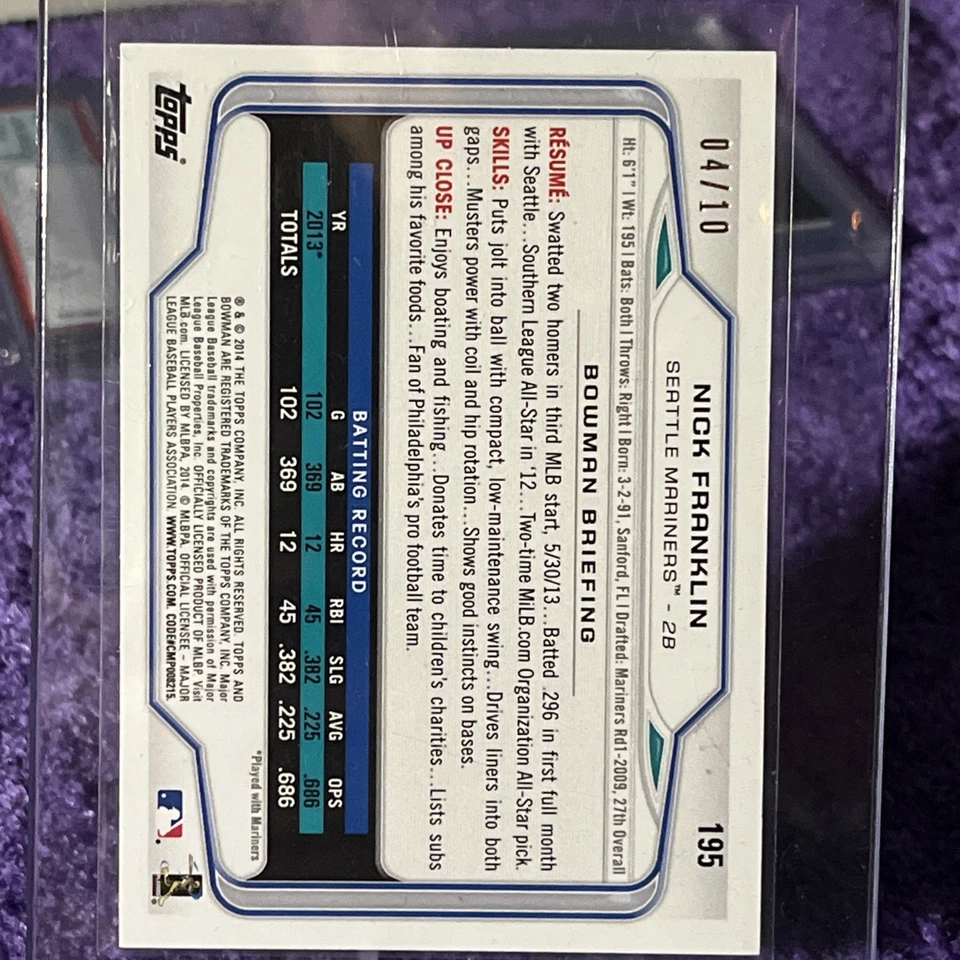 2014 Bowman Purple 04/10 Nick Franklin #195 - Image 2 of 2