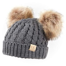 Exclusives Children Kid Double Pompom Knitted Beanie for A Pompom Dk Mel Grey