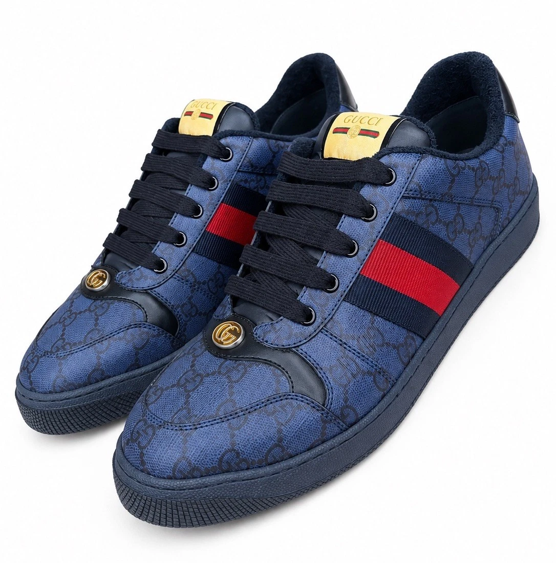 Gucci Men’s Screener Sneaker Blue Leather GG Monogram Web Size 9.5UK/10.5US