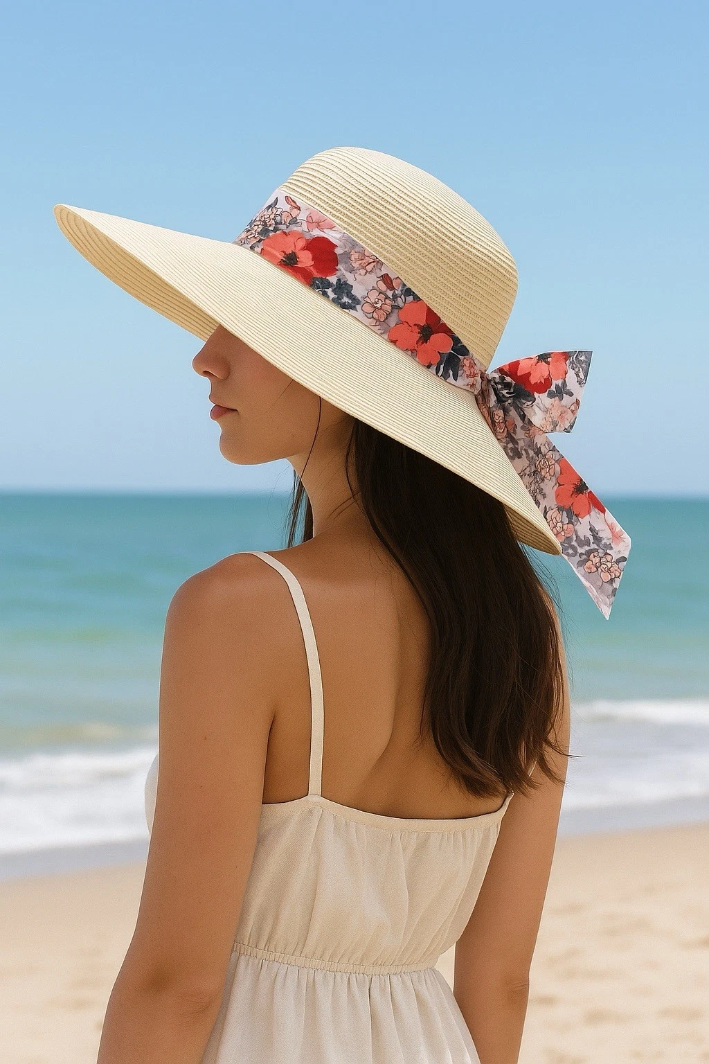 Straw Wide Brim Sun Hat Floral Bow Beach Resort Coastal Vacation Boho Chic Grass
