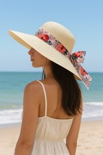 Wide Brim Straw Hat 100 Grass Sun Beach Summer Floral Bow Vacation Coastal Chic