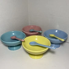 Sorbet Ice Cream set Ceramic Footed Bowls With Spoons Pink Blue Green Yellow