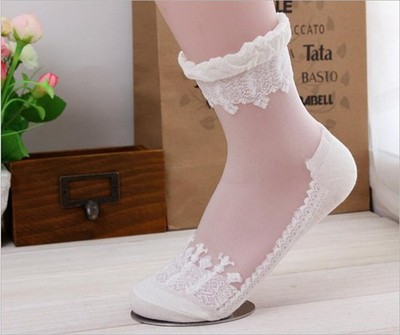 Women Cute Ultrathin Transparent Beautiful Crystal Silk Lace Elastic Short Socks