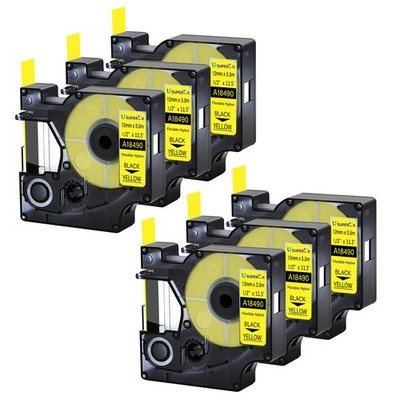 6PK Dymo A18490 Black on Yellow Flexible Nylon Label Tape 1/2''x3.5m Rhino 5200