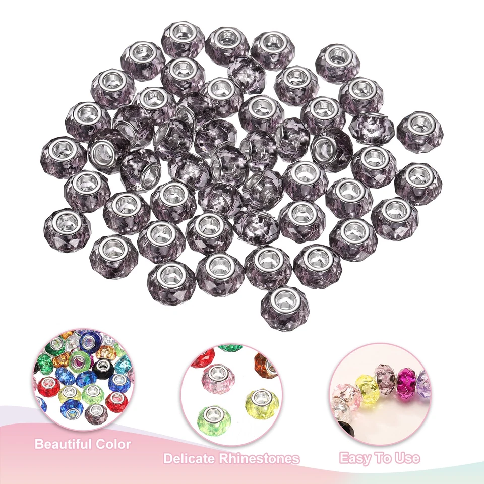 50Pcs 14mm Large Hole Acrylic Beads Pale Grey European Loose Faceted Bead Foto 3 de 4