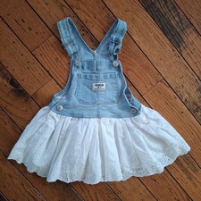 OshKosh B'gosh Girls Denim Overalls Dress White Eyelet Skirt Size 2T Adjustable