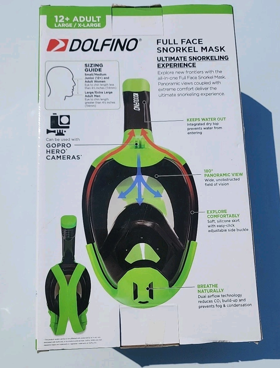 Dolfino Adult 12+ Full-Face Tinted Snorkel Mask, Large/X-Large, Green. New