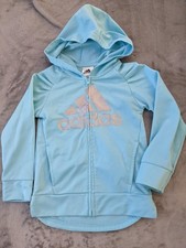 Adidas Hoodie Jacket Girls 5 Light Blue Full Zip Hooded Sweatshirt Logo Glitter