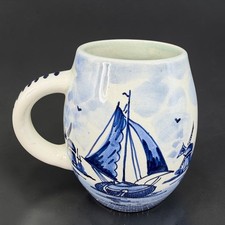 Delfts Handwerk Blue White Windmill Sailboat Mug Made in Holland Hand Painted