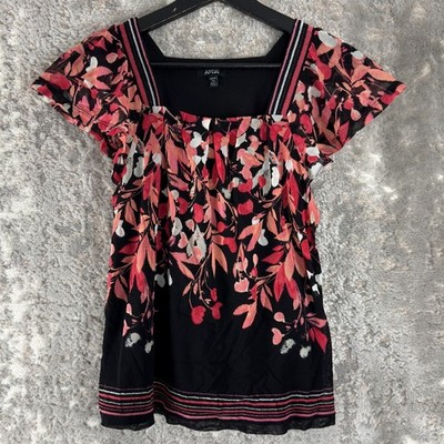 APT 9 Petite Size PS Dark Floral Print Square neck Top Cap Sleeve Red Pink