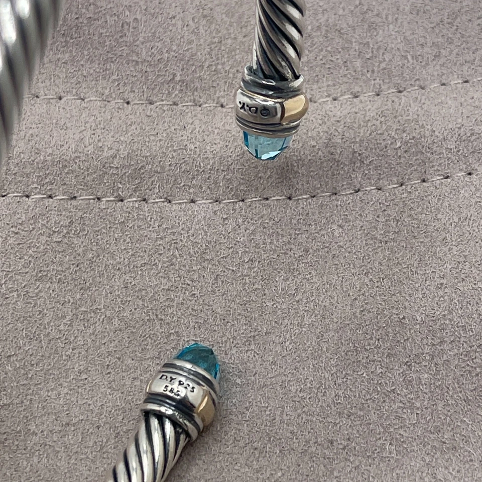 David Yurman cabo 5 mm prata esterlina topázio azul e pulseira de ouro amarelo 14K - Imagem 4 de 4