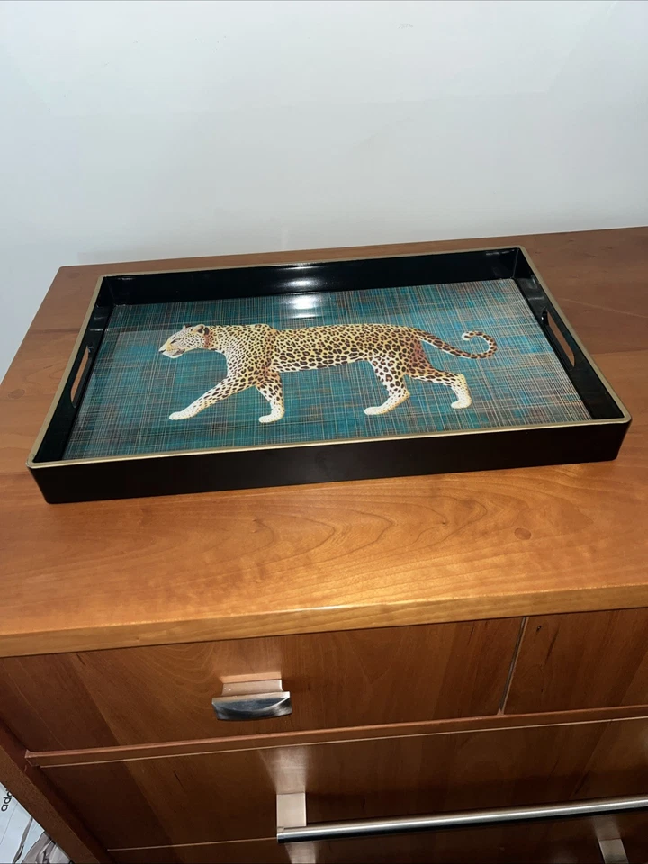 Decorative Black & Gold Serving Tray With Distinctive Leopard. Acrylic. 15.5” - Image 3 of 4
