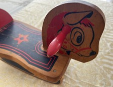 Vintage DEKTO Wooden Rocking Horse Childs Toy 17 By 10 By 7 Bright Red Handles 