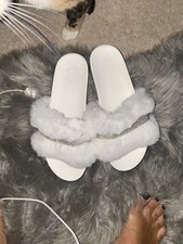 Furry Slide In Sandals Faux Fur Size 40 White