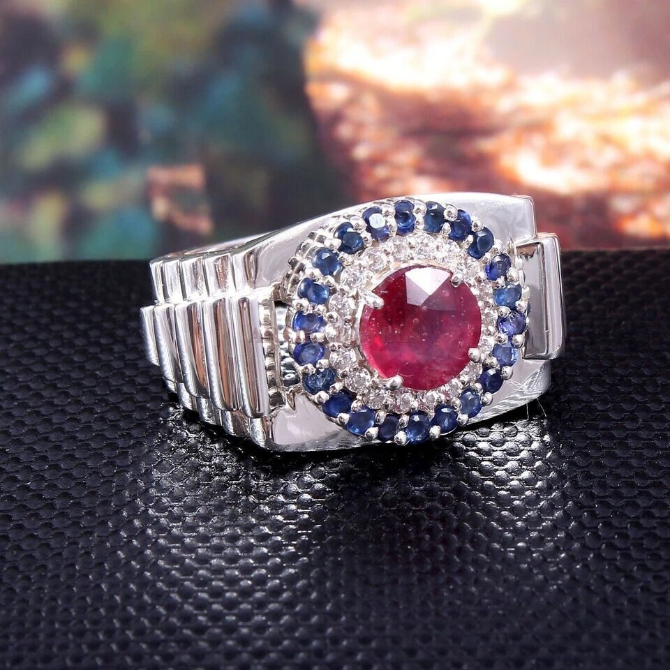 Heizbar Rubin & Heizbar Saphir Mit Weiß Vergoldet Silber Herren Ring #1465 - Bild 4 von 4