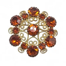 Juliana D&E For Weiss Brooch Pin Heart Scroll Orange Gold Tone Rhinestone Verifi