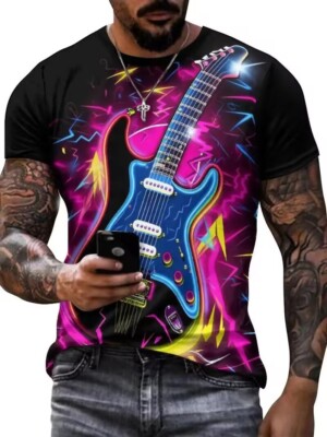 T Shirt Abstract Guitar Colorful Sparkling Novelty Print