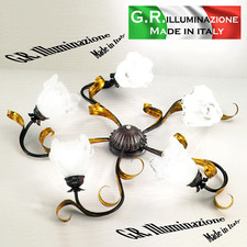PLAFONIERA IN FERRO BATTUTO 5 LUCI BRUNITO ORO LAMPADARIO SOFFITTO SALOTTO Sara