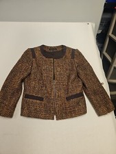 Jones New York Tweed Full Zip Blazer Jacket Brown Orange Ribbon Trim Size 8