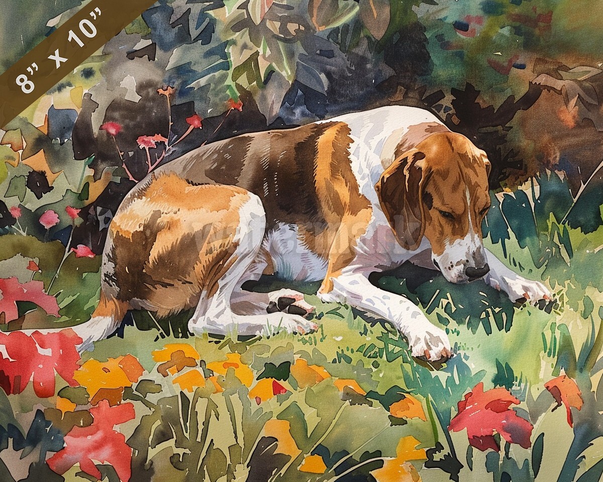 English Foxhound watercolor painting in a serene garden  8x10 Print