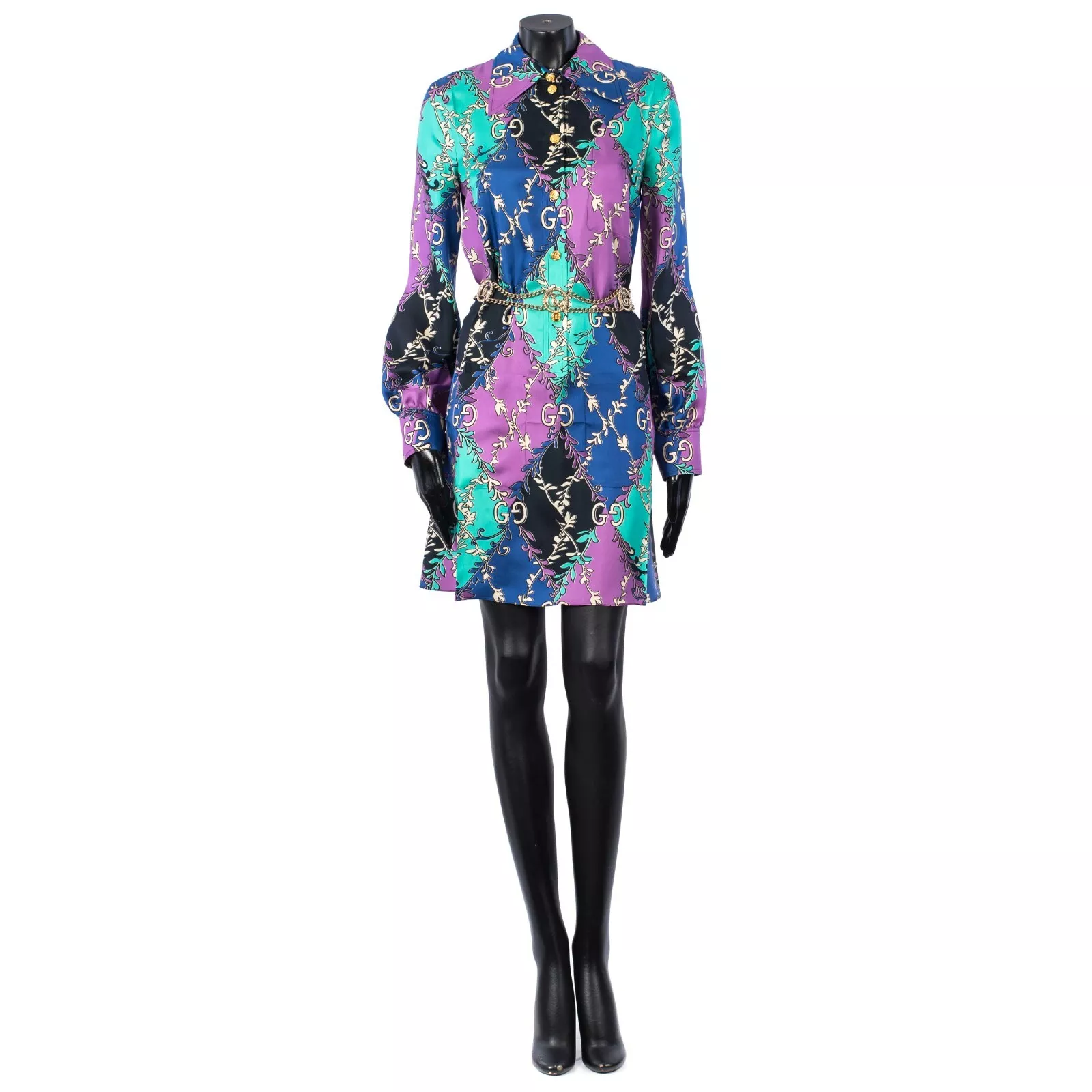 Robe chemise GUCCI soie GG ceinture chaîne logo manches longues authentique neuve avec étiquette