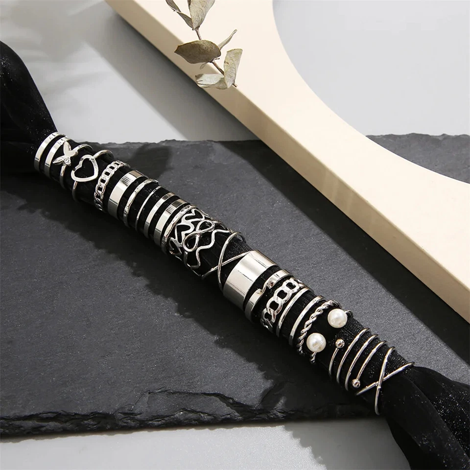 Anelli da donna Set 16 pezzi Anello Acciaio Colore Argento Serpente Catena Fiore - Immagine 2 di 4