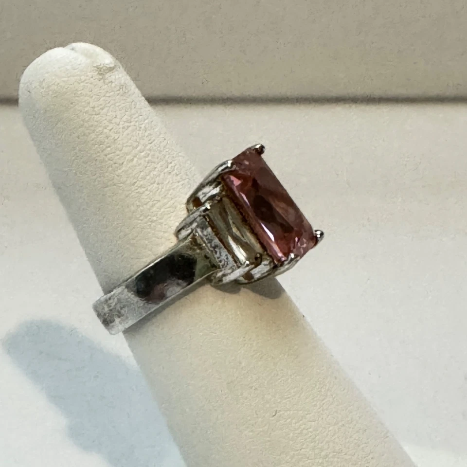 Emerald Cut Ring Pink Turmaline Solitaire CZ Baguettes NF 925 Silver Sz.5 - Image 4 of 4