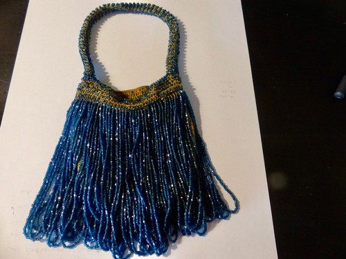 Antique 1920s Carnival Blue Glass Beaded Fringe Flapper Bag Purse!
