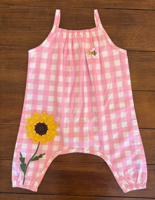 Mud Pie 6-9M Pink Gingham Sunflower Romper Baby Girl Bee Appliqué Boutique 