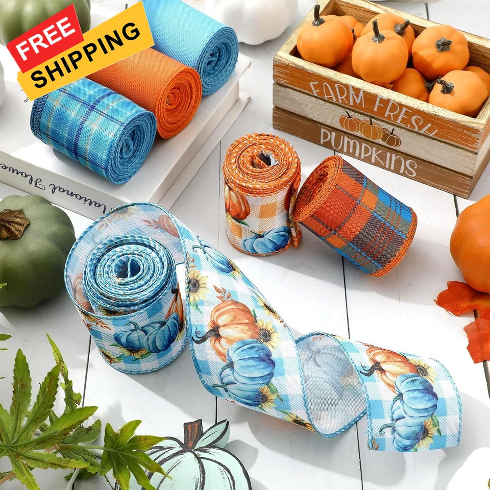 Whaline 6 Rolls Thanksgiving Fall Wired Edge Ribbon Blue Orange Pumpkin  - Image 4 of 4