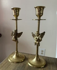 Vintage Brass Cherub Candlestick Pair Taper Candle Holders Made In India 7.5”