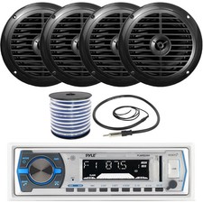Pyle Single DIN MP3 Bluetooth Marine Receiver, 4x 6.5'' 120W Speakers W/Wire
