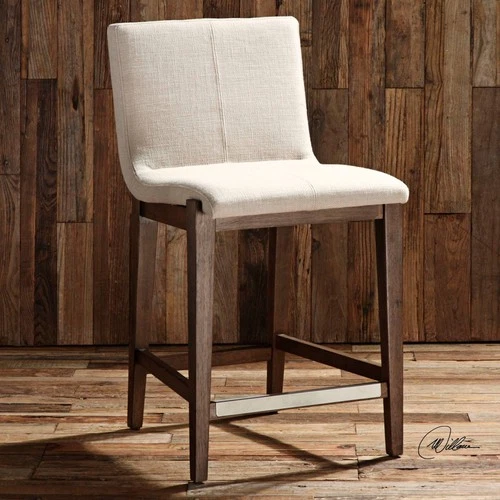 Walnut Wood Bar Stool Brown 26" High Neutral Cushion for Kitchen Counter Height - Picture 1 of 8