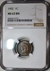 NGC MS-63 BN 1902 Indian Head Cent, Fully Lustrous, Frosty specimen.