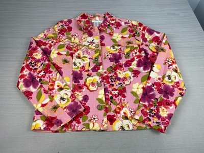 Coldwater Creek Floral Linen Jacket Boho Size Medium Bright Colorful Pink