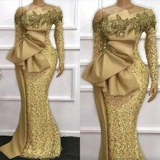 Luxury Gold Mermaid Evening Dresses Glittering Sequined Long Sleeves Party Gowns