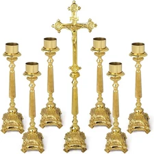 Brass Crucifix and Candlesticks Altar Set, Religious Church Decoration, 7 Items
