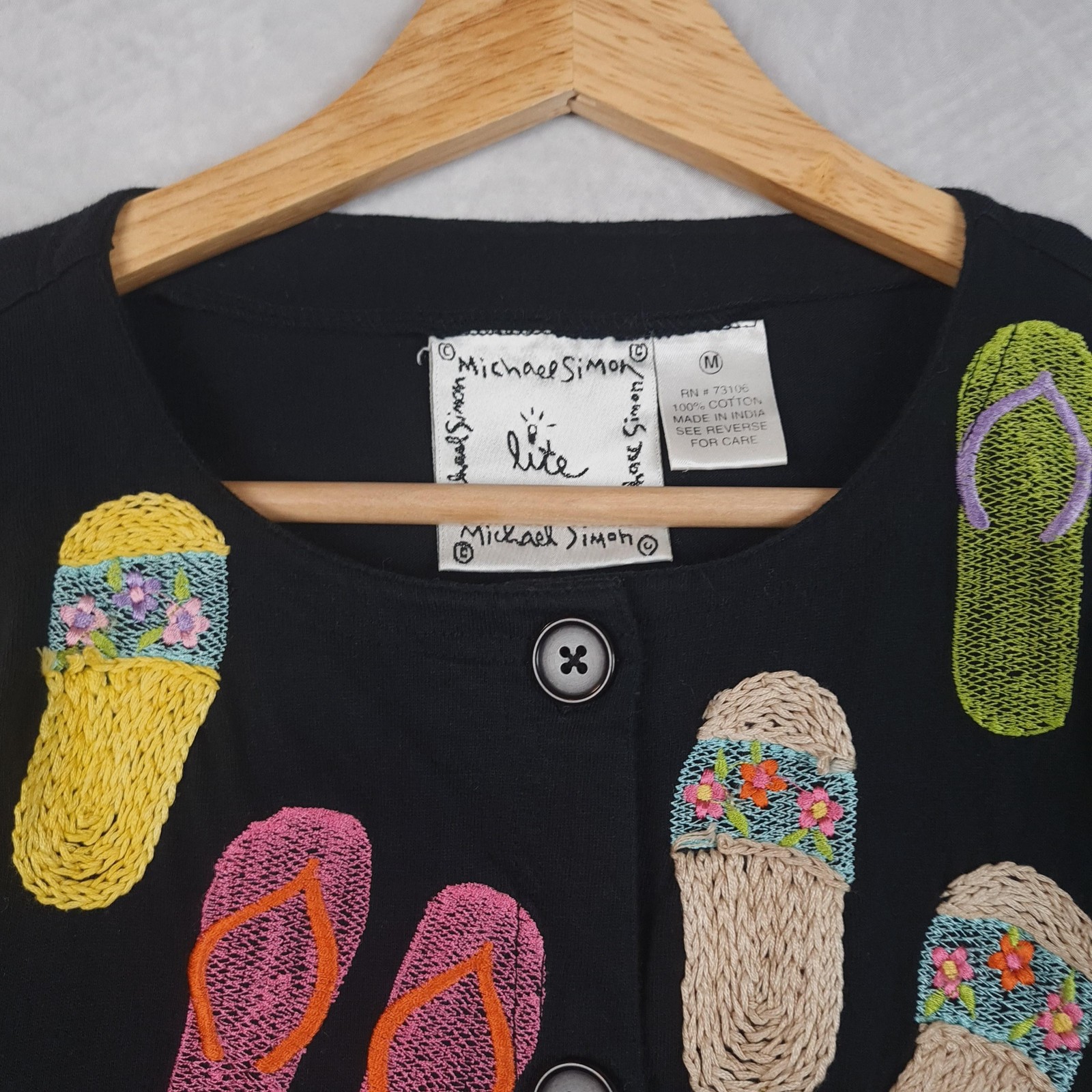 Michael Simon Lite Cardigan Womens Medium Black Flip Flop Embroidered Cotton