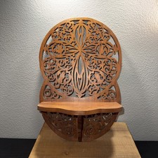 Vintage Fretwork Wooden Wall Shelf Handcrafted Scroll Saw Art Cross 15"