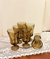 Set 6 MCM Fostoria Woodland Brown Iced Tea Glasses Stem UV Reactive Glowing