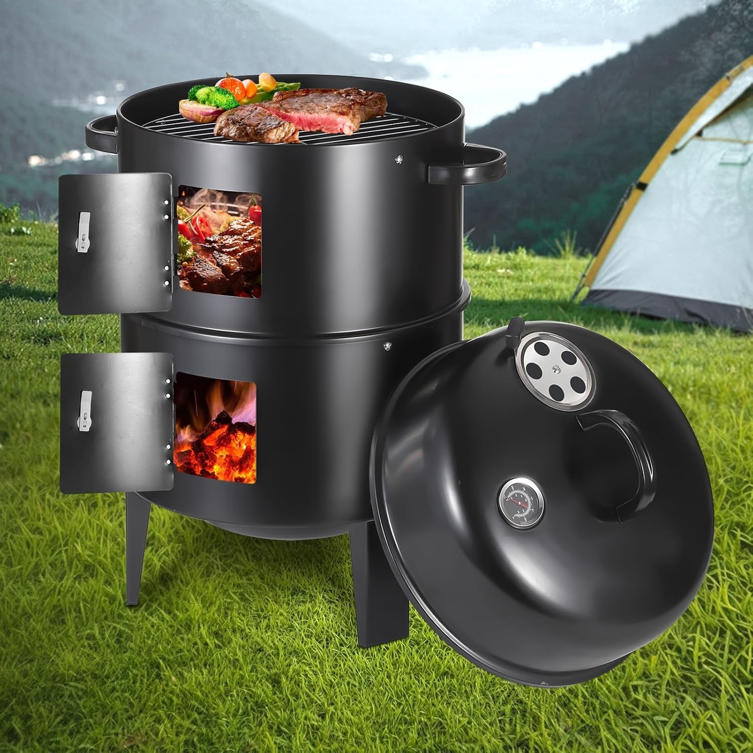 Vertical 17 Inch Charcoal Smoker Grill with Thermometers and Air Vent,