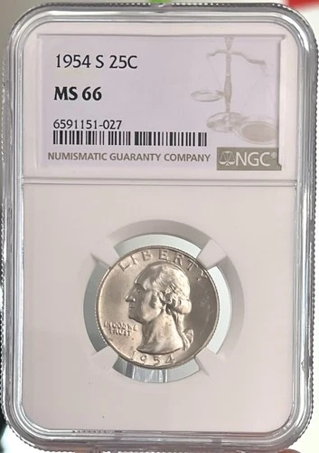 1954 S Washington Quarter 25C NGC MS66 San Francisco 90% Silver