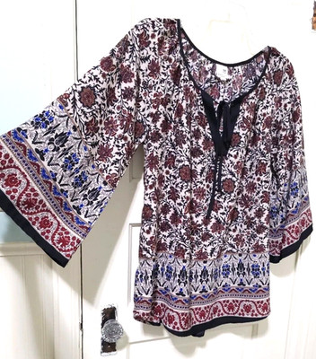 FLASH SALE!! Womens Pink Owl MEDIUM BOHO Peasant SILKY SHEER Shirt Top Burgundy